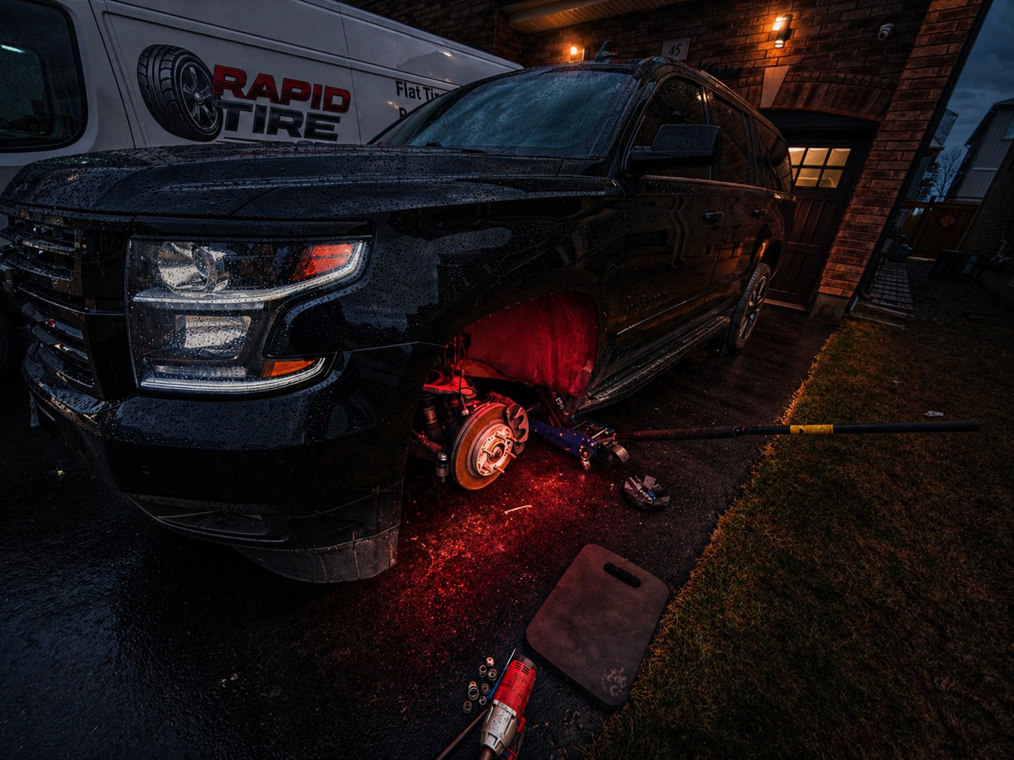 Technician applying precision wheel weights inside an alloy rim during mobile tire balancing service in the GTA
