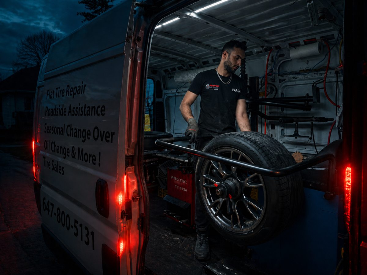 Rapid Tire GTA technician mounting a wheel inside the mobile service van