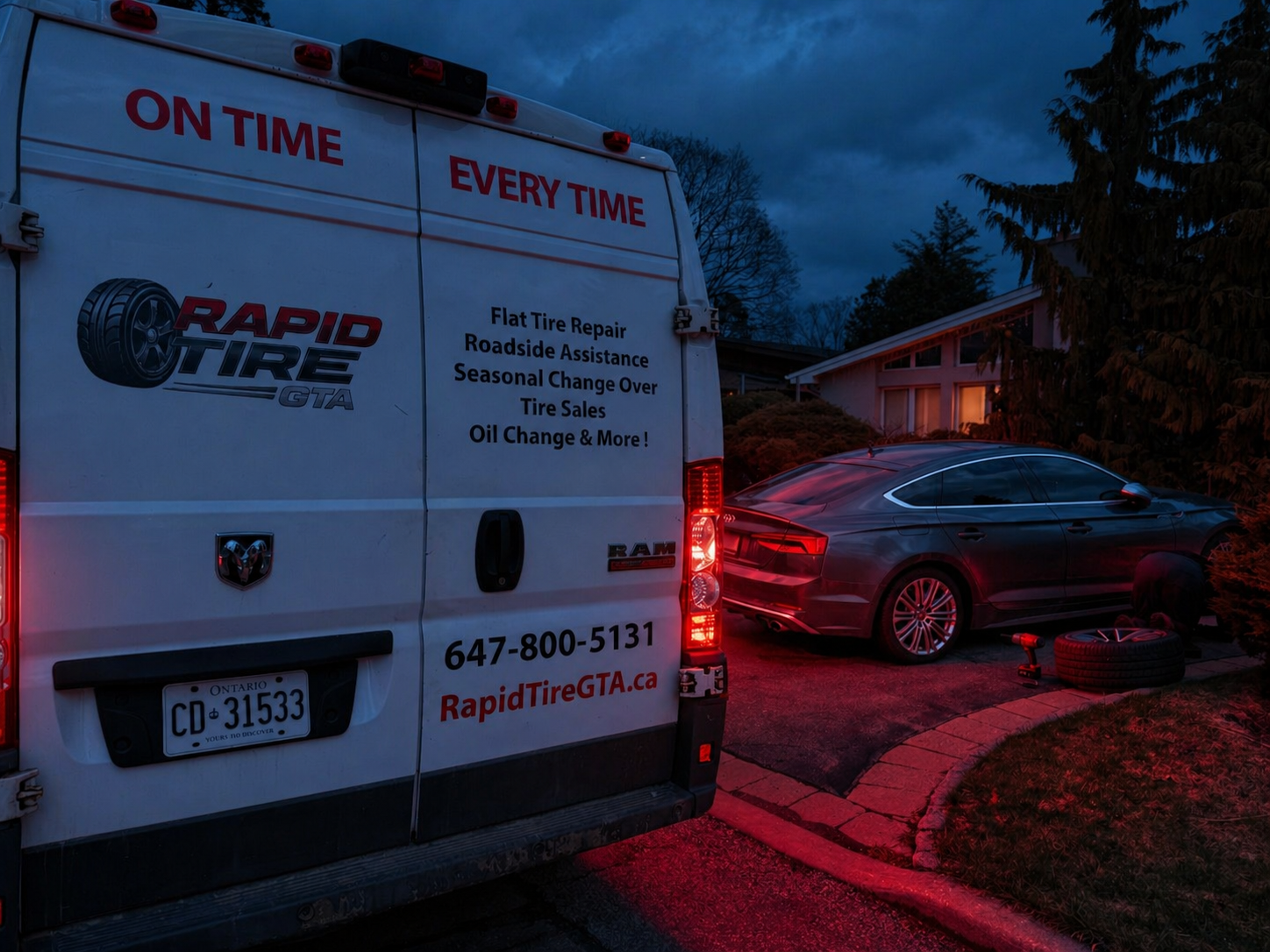 Mobile tire swap technician torquing a black alloy wheel at a residential driveway